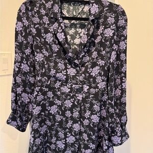 Zara Black and Blue Fitted Blouse with Notched Collar